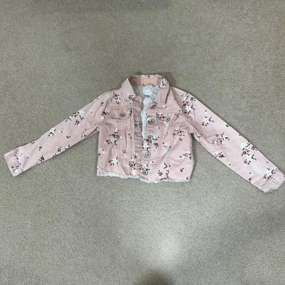 The Children’s Place Girls Floral Denim Jacket Pink Raw Hem Cotton Twill 7/8 M